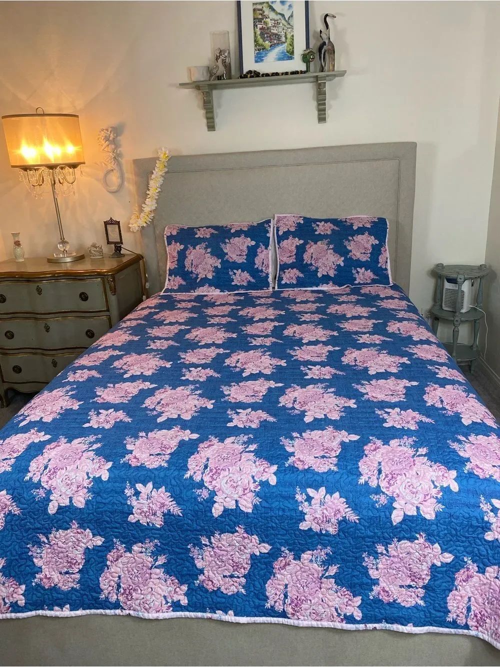 Shabby Chic Blue and Pink Floral Comforter Set